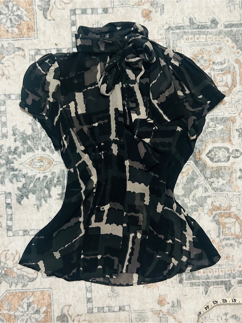 Express 100% Silk Black and Taupe Mesh Patterned Tie-Neck Blouse